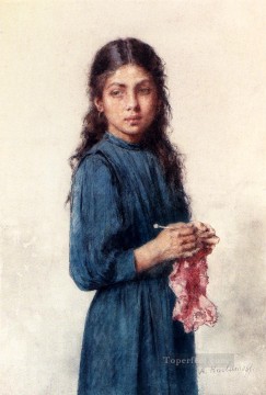 アレクセイ・ハルラモフ Painting - 若い女の子 編み物をする少女の肖像画 アレクセイ・ハラモフ